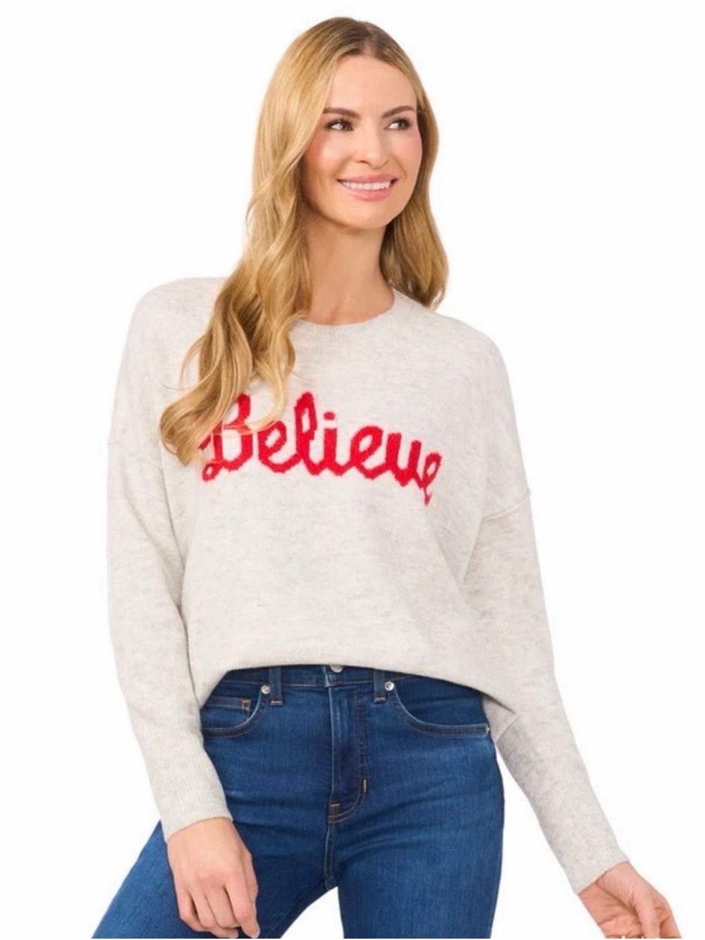 CeCe Believe Graphic Sweater Women’s M Heather Gray Crewneck Pullover